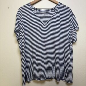 Haven Well Within Women 100% Linen Shirt Top XXL Blue Stripe Nautical Short Slee